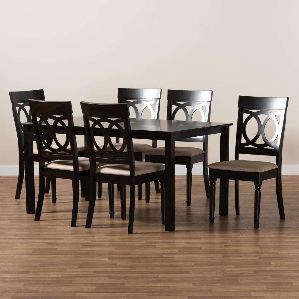 Sand Fabric Upholstered and Dark Brown Finished Wood 7-Piece Dining Set