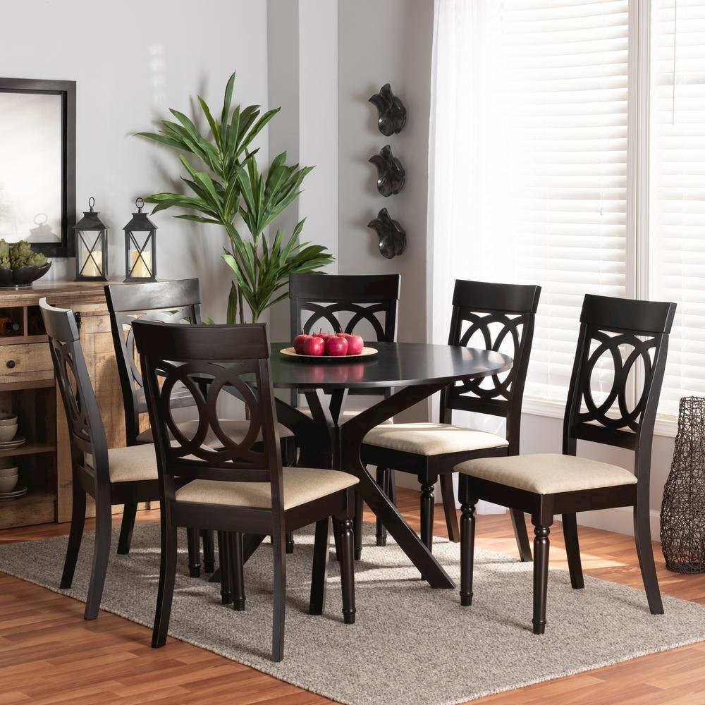 Sand Fabric Upholstered and Dark Brown Finished Wood 7-Piece Dining Set