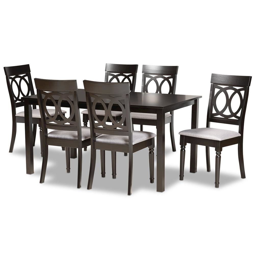 Grey Fabric Upholstered and Dark Brown Finished Wood 7-Piece Dining Set