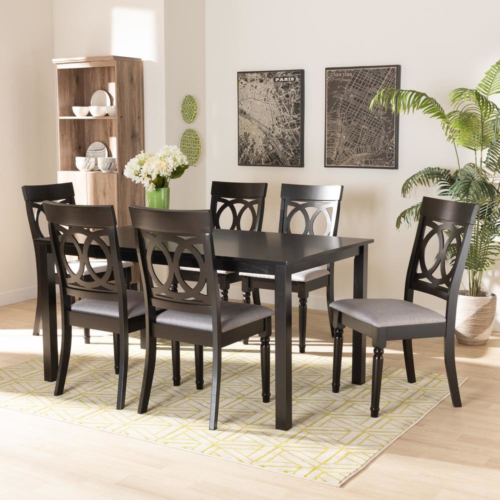 Grey Fabric Upholstered and Dark Brown Finished Wood 7-Piece Dining Set