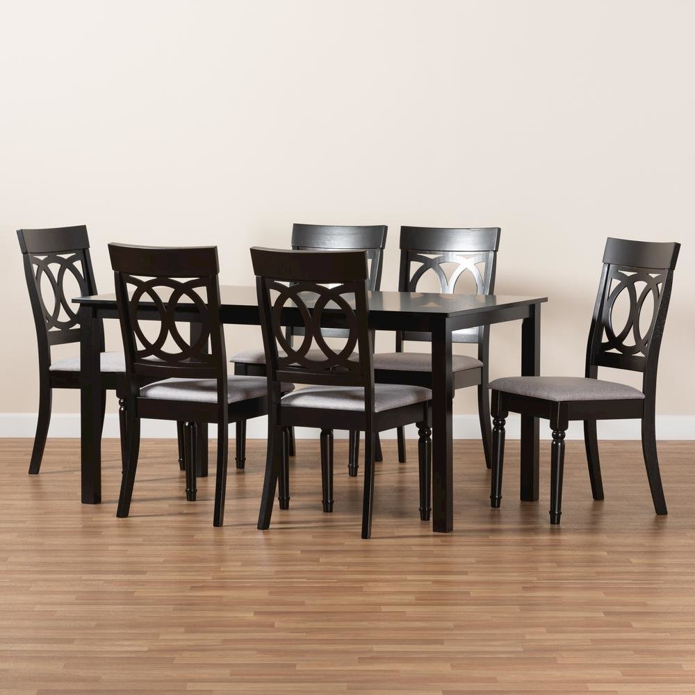 Grey Fabric Upholstered and Dark Brown Finished Wood 7-Piece Dining Set