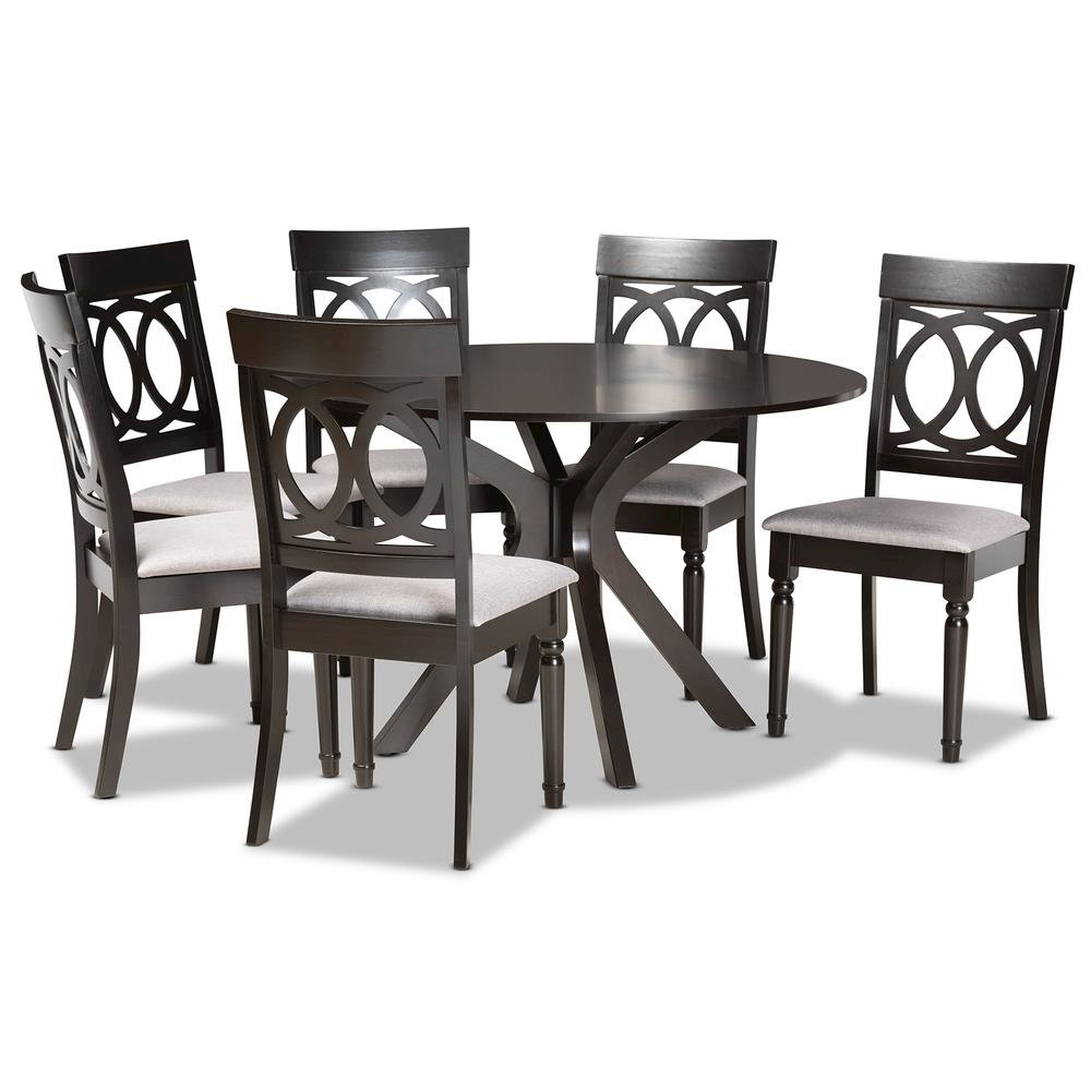 Grey Fabric Upholstered and Dark Brown Finished Wood 7-Piece Dining Set