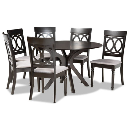 Grey Fabric Upholstered and Dark Brown Finished Wood 7-Piece Dining Set