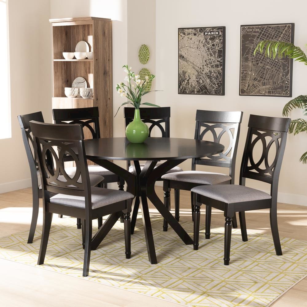 Grey Fabric Upholstered and Dark Brown Finished Wood 7-Piece Dining Set