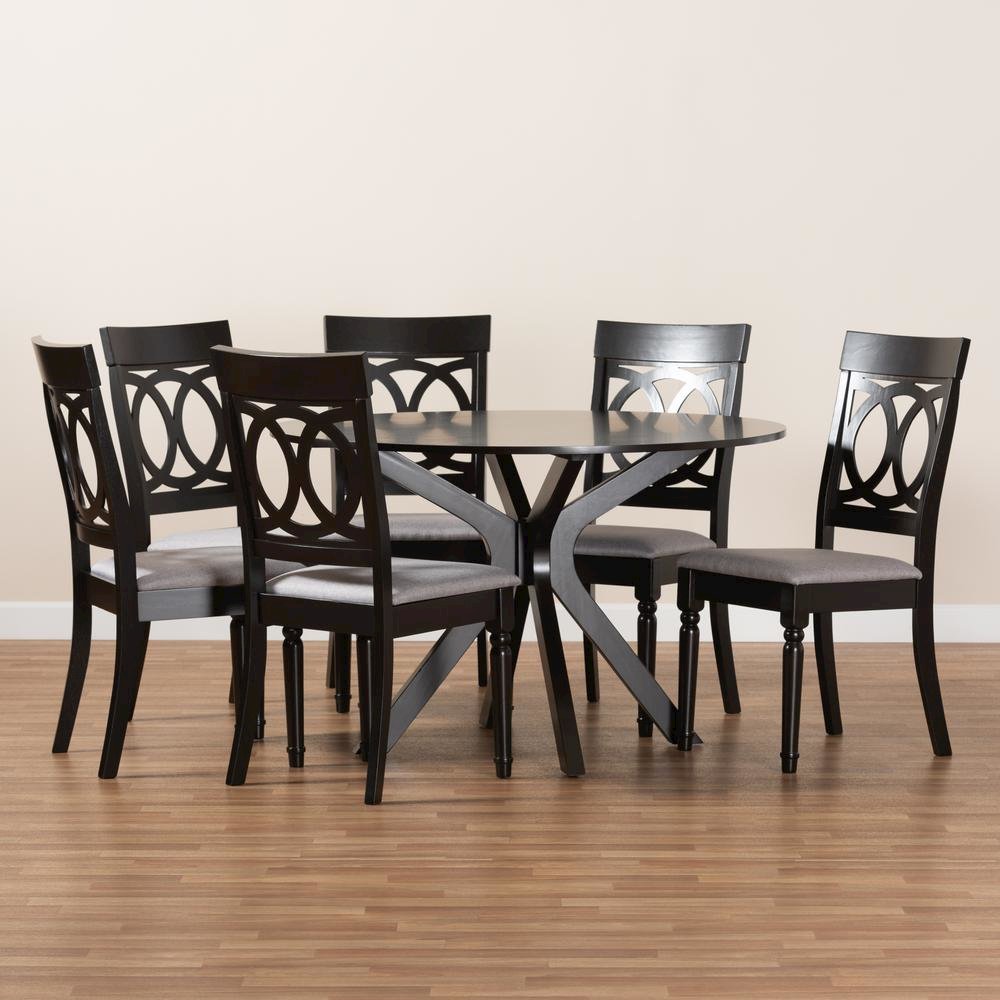 Grey Fabric Upholstered and Dark Brown Finished Wood 7-Piece Dining Set