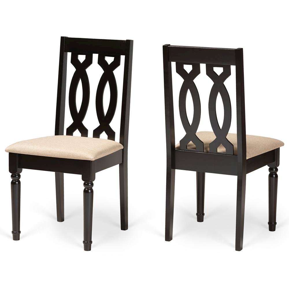 Sand Fabric Upholstered and Dark Brown Finished Wood 2-Piece Dining Chair Set