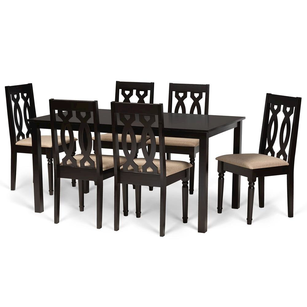 Sand Fabric Upholstered and Dark Brown Finished Wood 7-Piece Dining Set