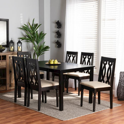 Sand Fabric Upholstered and Dark Brown Finished Wood 7-Piece Dining Set
