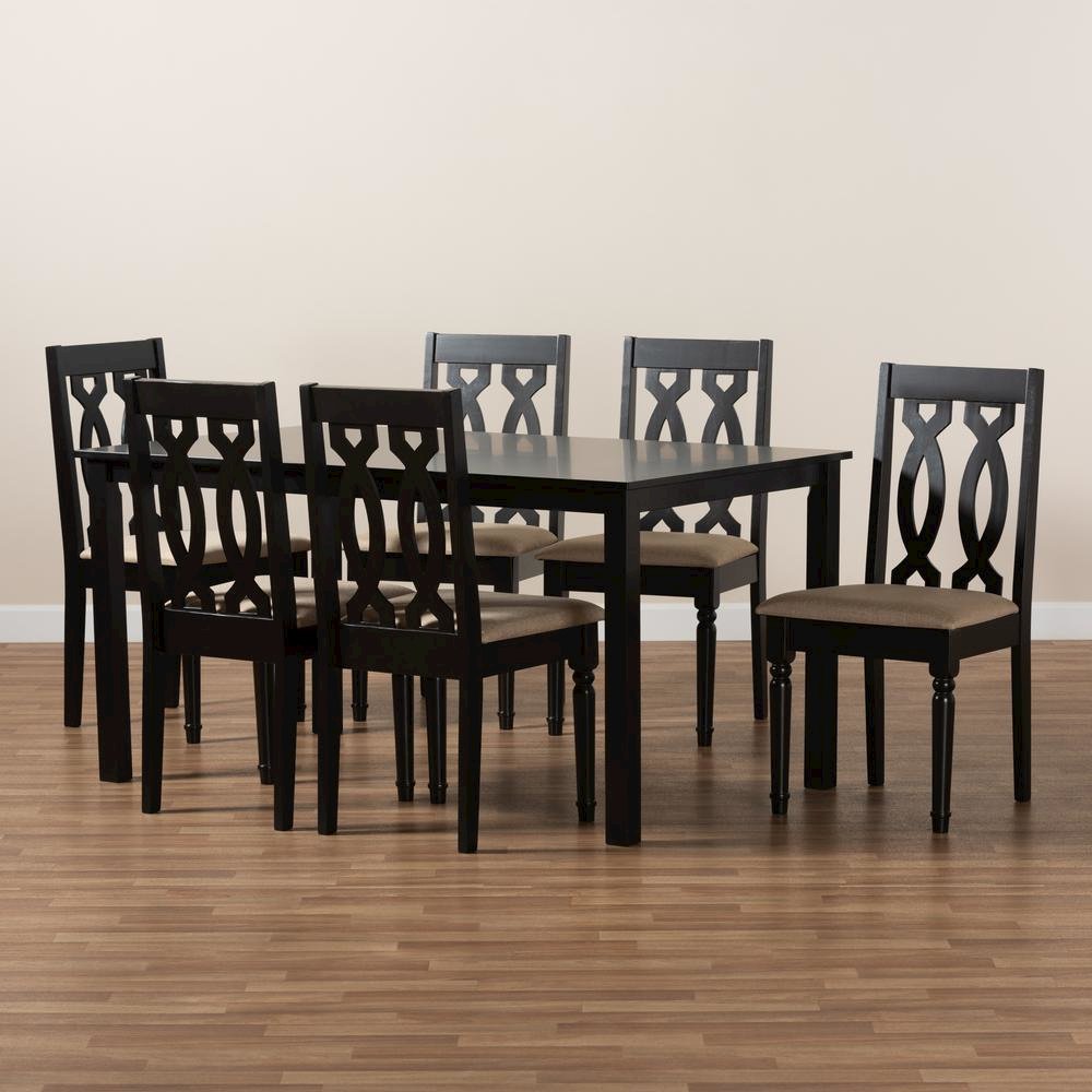 Sand Fabric Upholstered and Dark Brown Finished Wood 7-Piece Dining Set