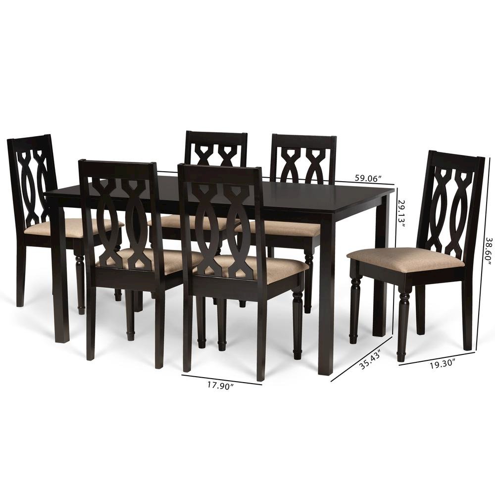 Sand Fabric Upholstered and Dark Brown Finished Wood 7-Piece Dining Set