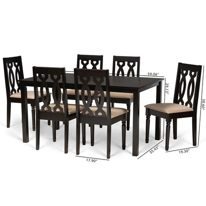 Sand Fabric Upholstered and Dark Brown Finished Wood 7-Piece Dining Set