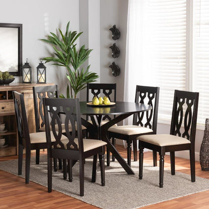 Sand Fabric Upholstered and Dark Brown Finished Wood 7-Piece Dining Set
