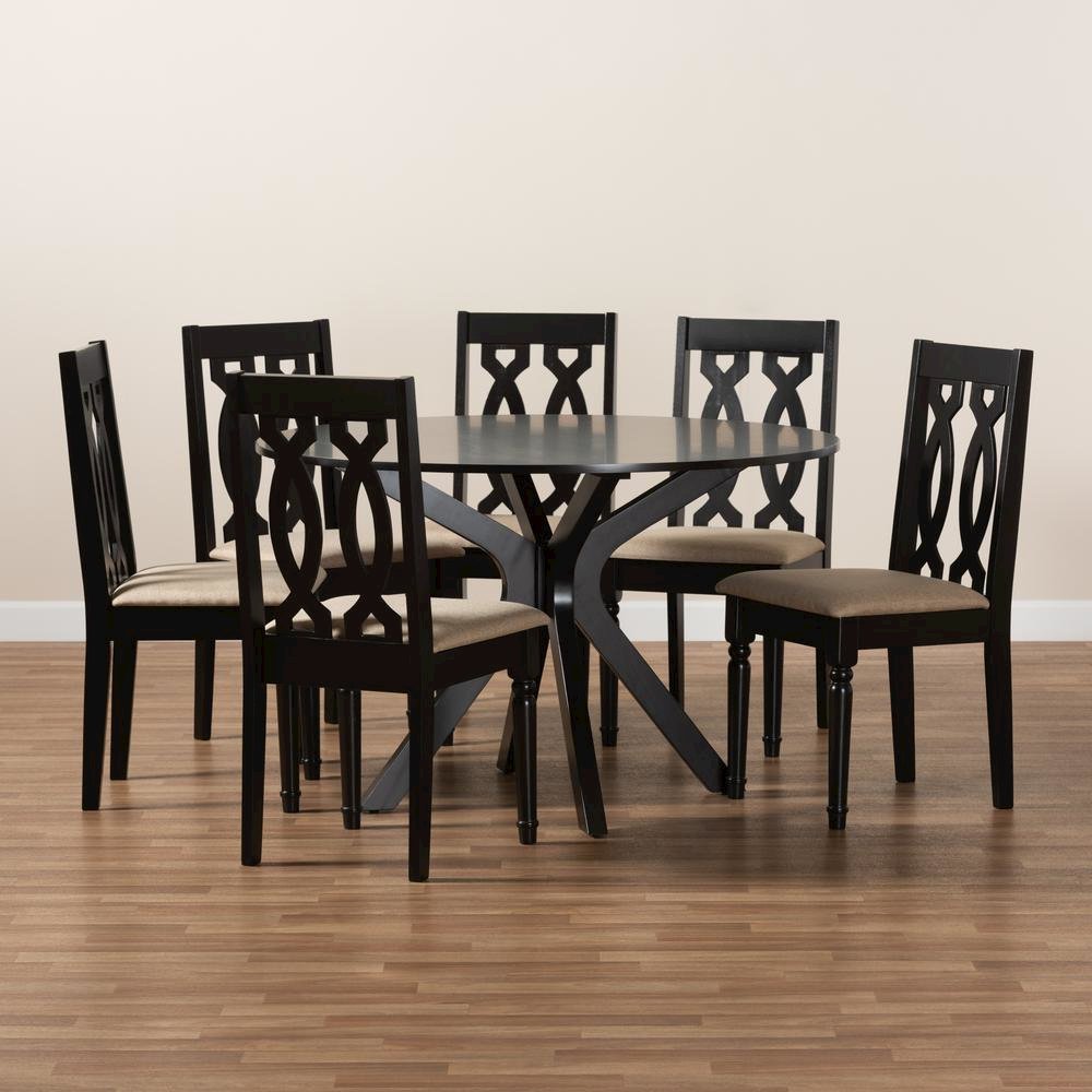 Sand Fabric Upholstered and Dark Brown Finished Wood 7-Piece Dining Set