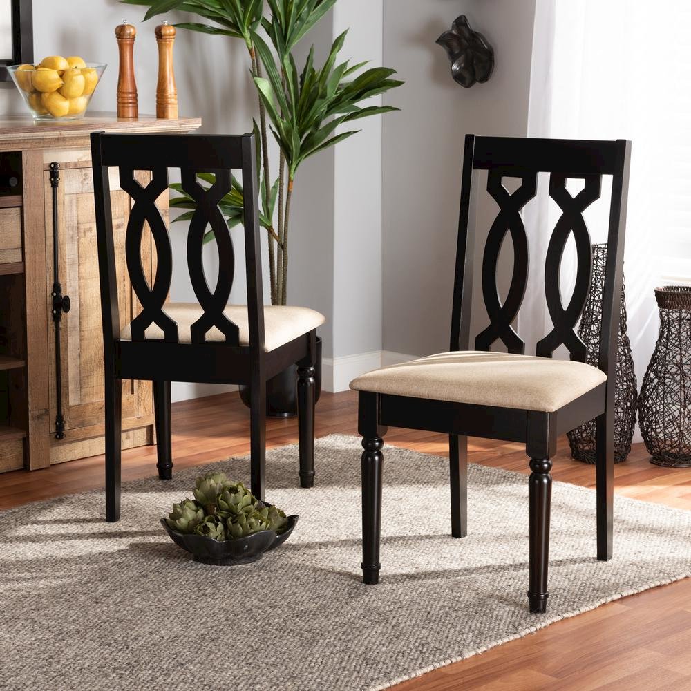 Sand Fabric Upholstered and Dark Brown Finished Wood 2-Piece Dining Chair Set