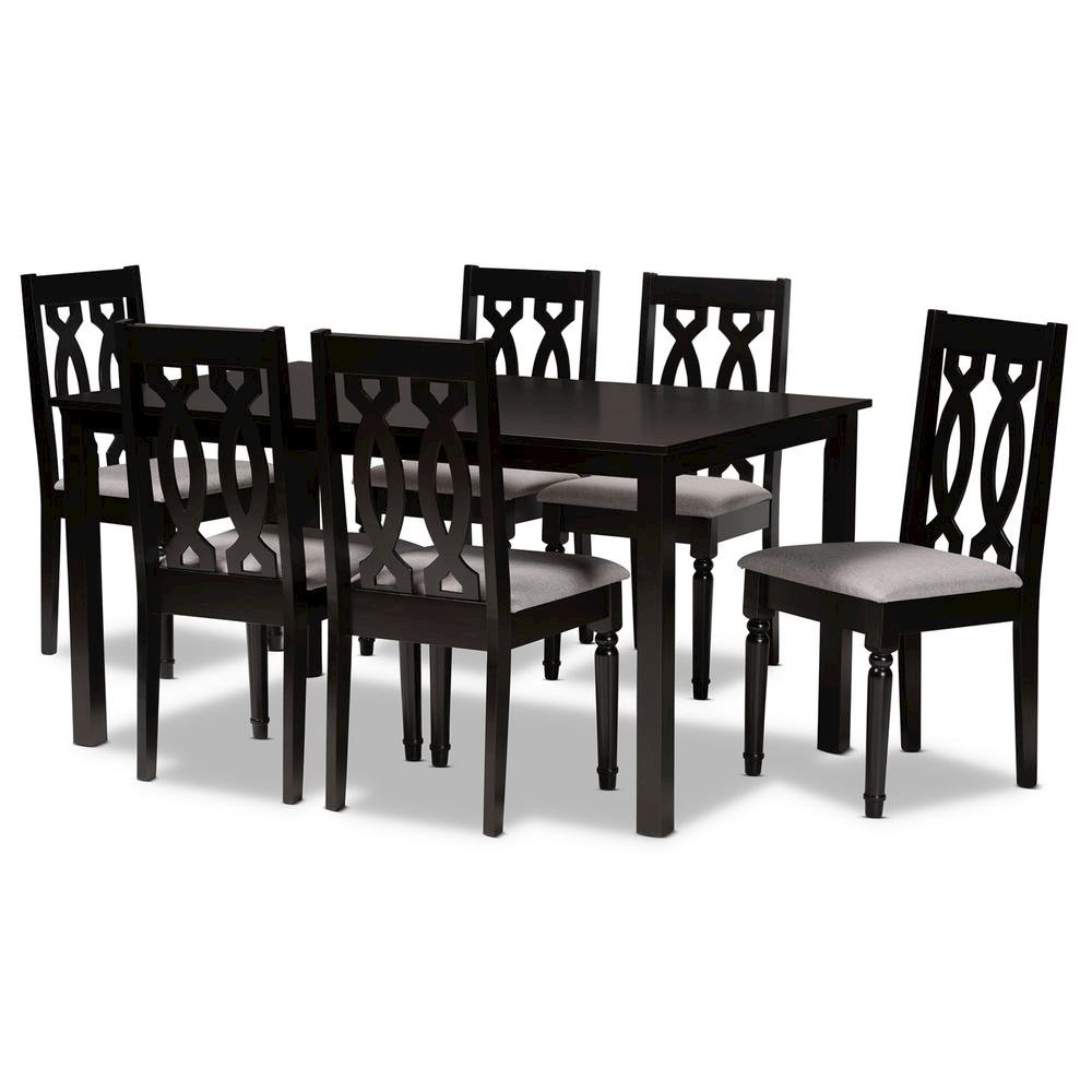 Grey Fabric Upholstered and Dark Brown Finished Wood 7-Piece Dining Set