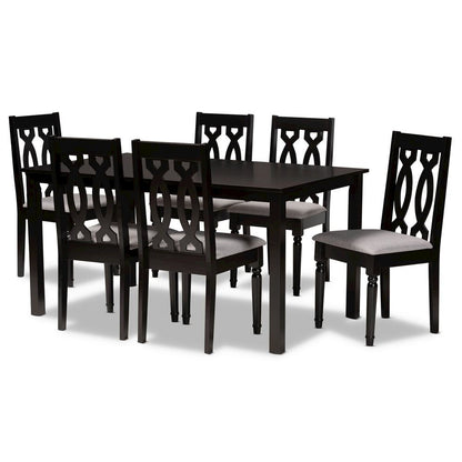 Grey Fabric Upholstered and Dark Brown Finished Wood 7-Piece Dining Set