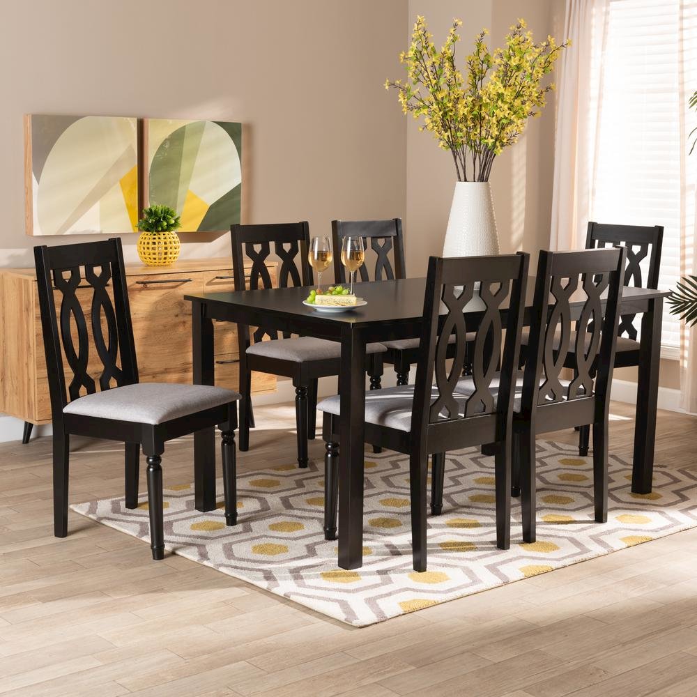 Grey Fabric Upholstered and Dark Brown Finished Wood 7-Piece Dining Set