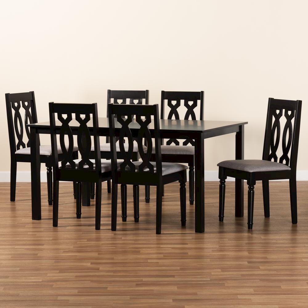Grey Fabric Upholstered and Dark Brown Finished Wood 7-Piece Dining Set