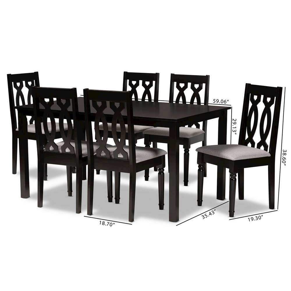 Grey Fabric Upholstered and Dark Brown Finished Wood 7-Piece Dining Set