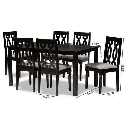 Grey Fabric Upholstered and Dark Brown Finished Wood 7-Piece Dining Set
