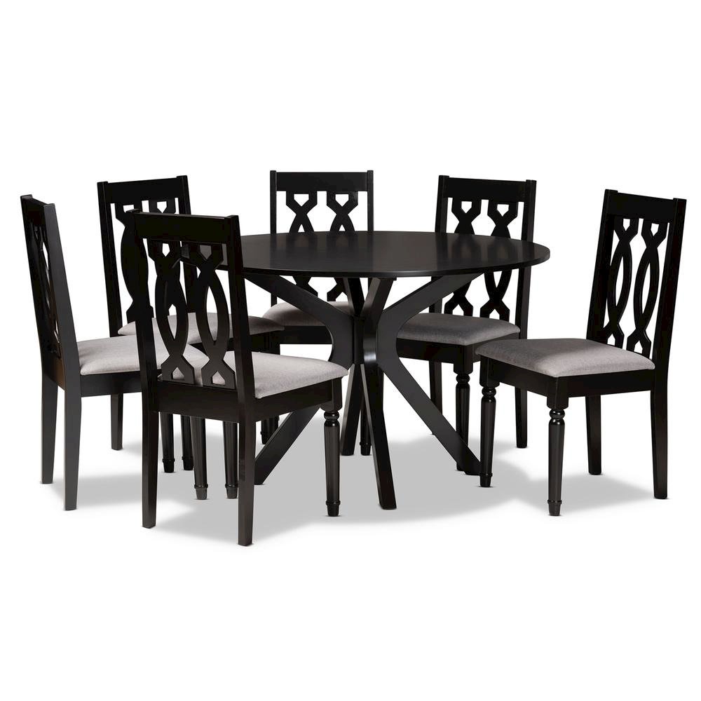 Grey Fabric Upholstered and Dark Brown Finished Wood 7-Piece Dining Set