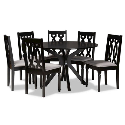 Grey Fabric Upholstered and Dark Brown Finished Wood 7-Piece Dining Set