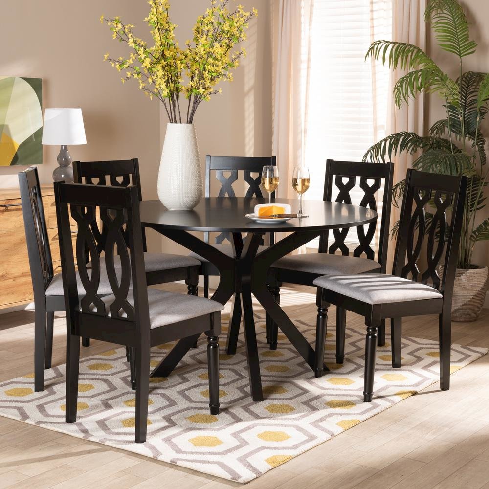 Grey Fabric Upholstered and Dark Brown Finished Wood 7-Piece Dining Set