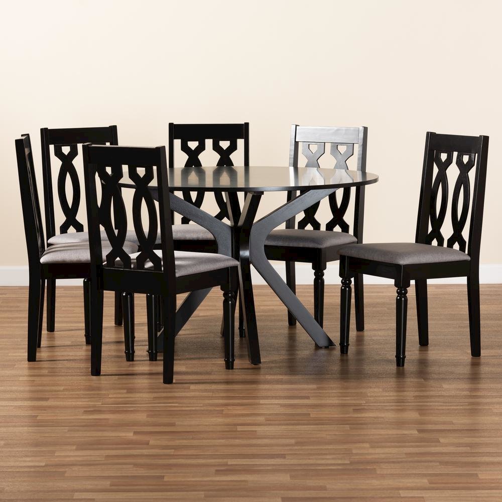 Grey Fabric Upholstered and Dark Brown Finished Wood 7-Piece Dining Set