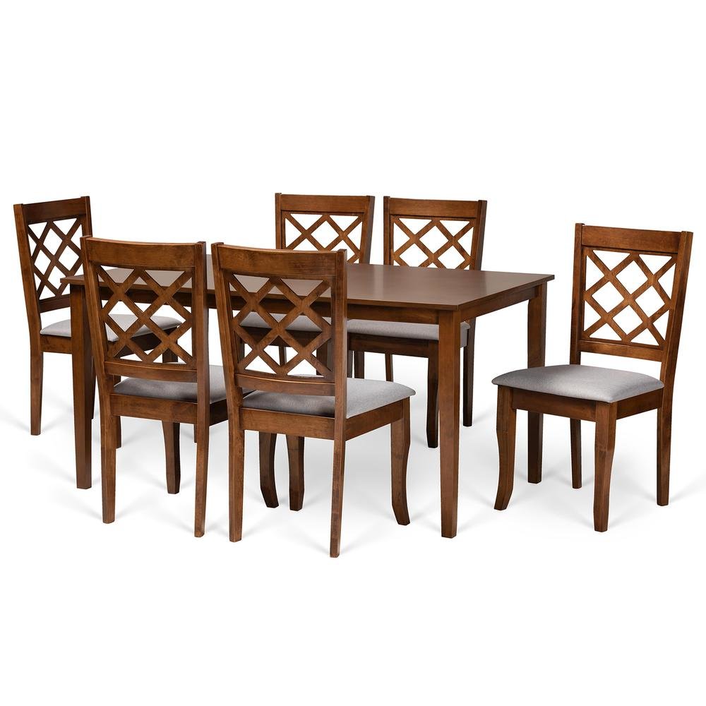 Grey Fabric Upholstered and Walnut Brown Finished Wood 7-Piece Dining Set