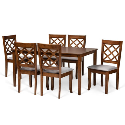 Grey Fabric Upholstered and Walnut Brown Finished Wood 7-Piece Dining Set