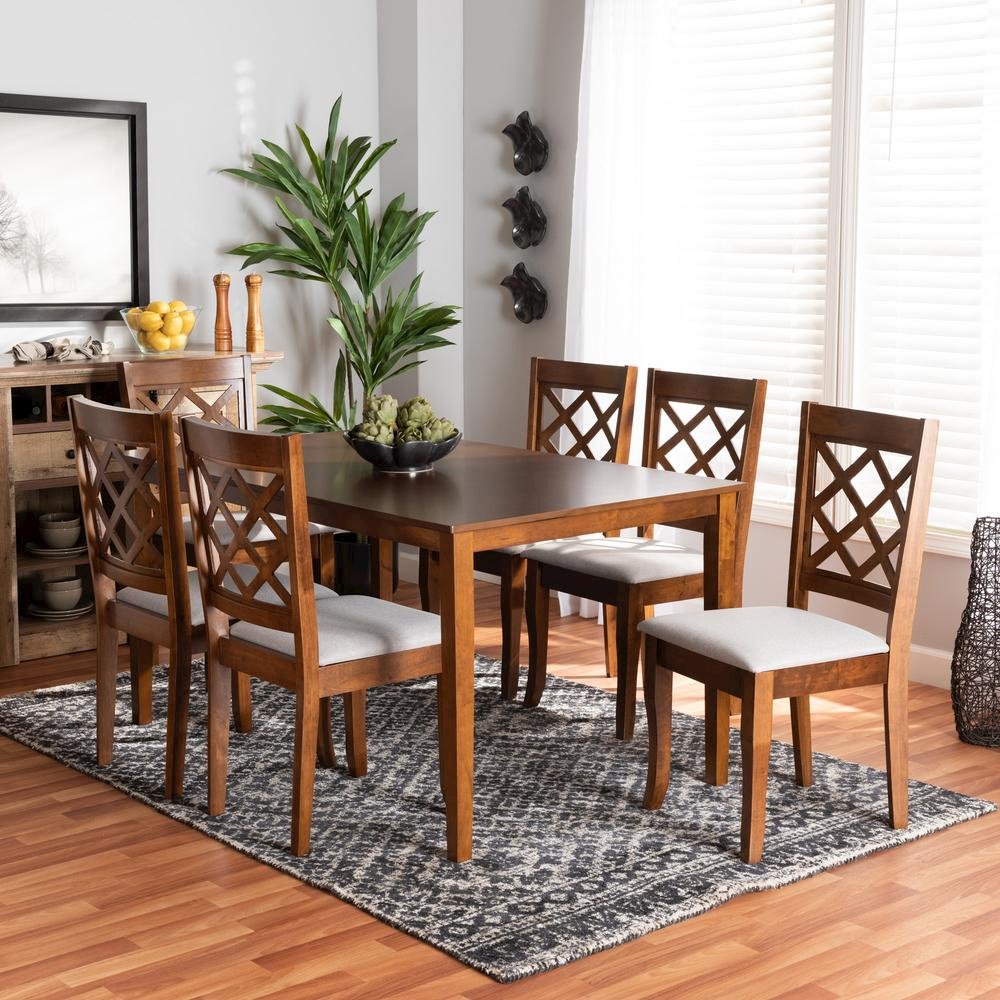 Grey Fabric Upholstered and Walnut Brown Finished Wood 7-Piece Dining Set