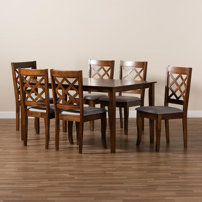 Grey Fabric Upholstered and Walnut Brown Finished Wood 7-Piece Dining Set