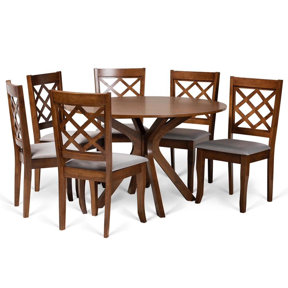 Grey Fabric Upholstered and Walnut Brown Finished Wood 7-Piece Dining Set
