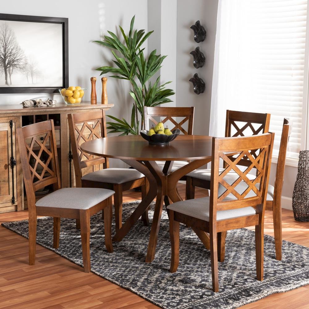 Grey Fabric Upholstered and Walnut Brown Finished Wood 7-Piece Dining Set
