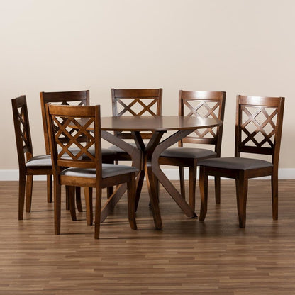 Grey Fabric Upholstered and Walnut Brown Finished Wood 7-Piece Dining Set