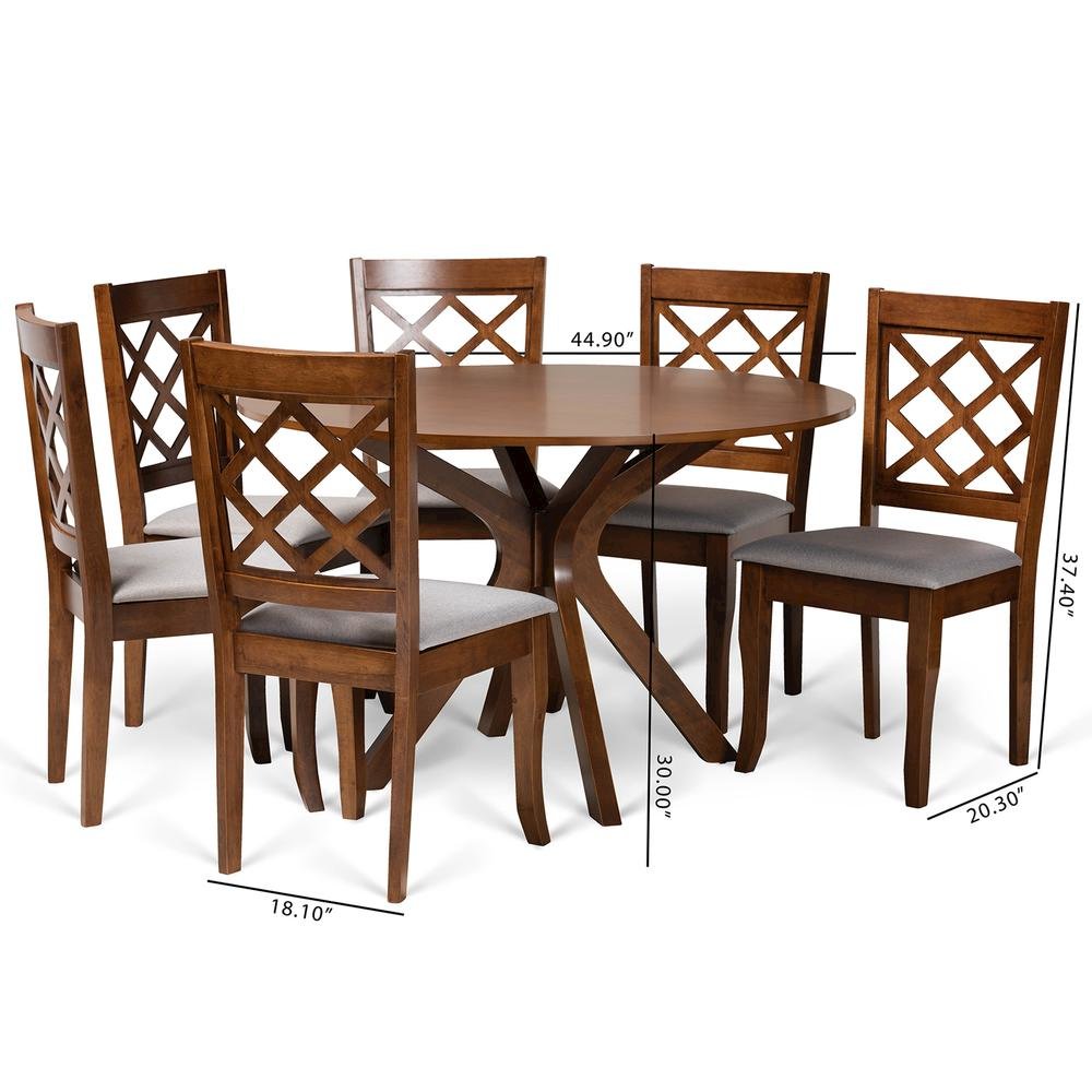 Grey Fabric Upholstered and Walnut Brown Finished Wood 7-Piece Dining Set