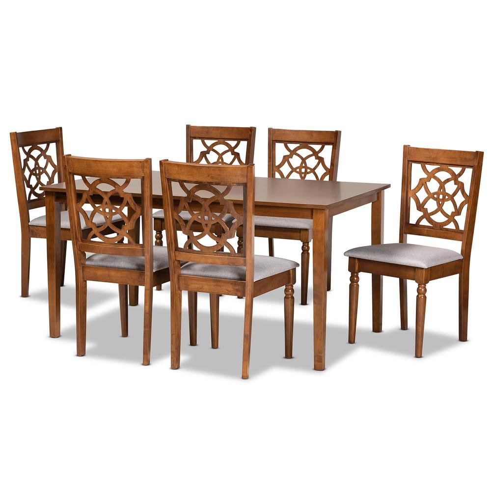 Grey Fabric Upholstered and Walnut Brown Finished Wood 7-Piece Dining Set