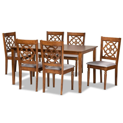 Grey Fabric Upholstered and Walnut Brown Finished Wood 7-Piece Dining Set