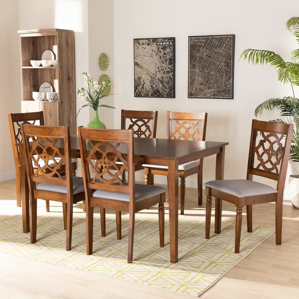 Grey Fabric Upholstered and Walnut Brown Finished Wood 7-Piece Dining Set