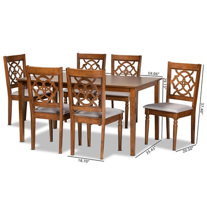 Grey Fabric Upholstered and Walnut Brown Finished Wood 7-Piece Dining Set