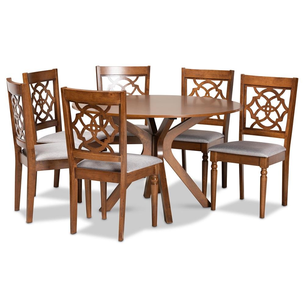 Grey Fabric Upholstered and Walnut Brown Finished Wood 7-Piece Dining Set