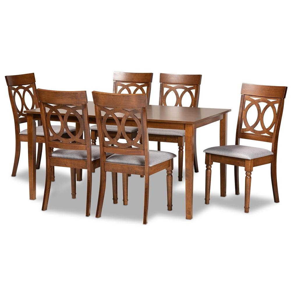 Grey Fabric Upholstered and Walnut Brown Finished Wood 7-Piece Dining Set