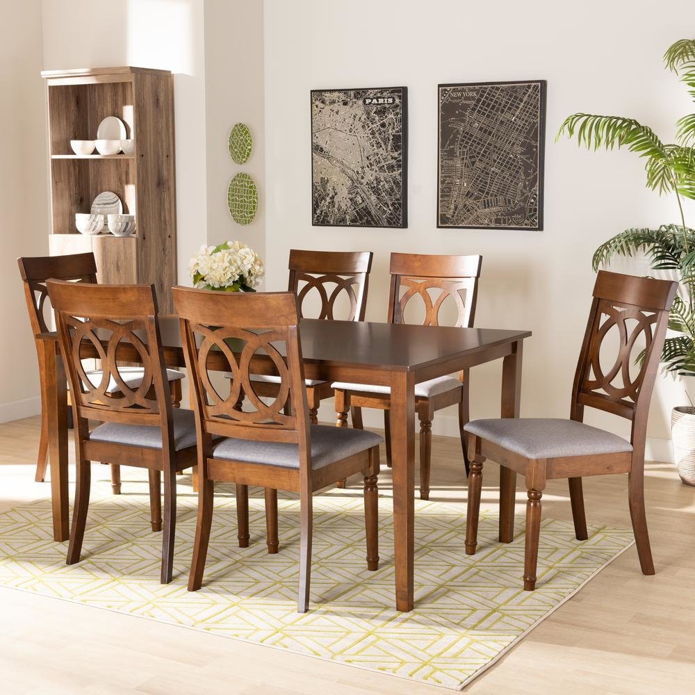 Grey Fabric Upholstered and Walnut Brown Finished Wood 7-Piece Dining Set