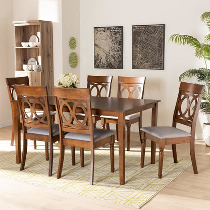 Grey Fabric Upholstered and Walnut Brown Finished Wood 7-Piece Dining Set