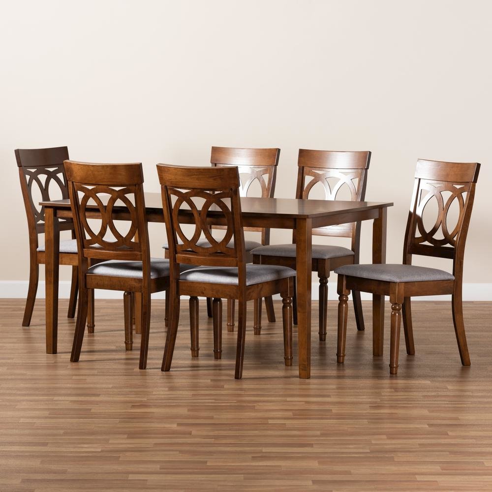 Grey Fabric Upholstered and Walnut Brown Finished Wood 7-Piece Dining Set