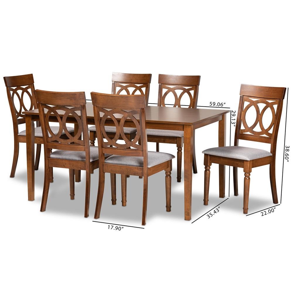 Grey Fabric Upholstered and Walnut Brown Finished Wood 7-Piece Dining Set