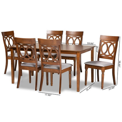 Grey Fabric Upholstered and Walnut Brown Finished Wood 7-Piece Dining Set