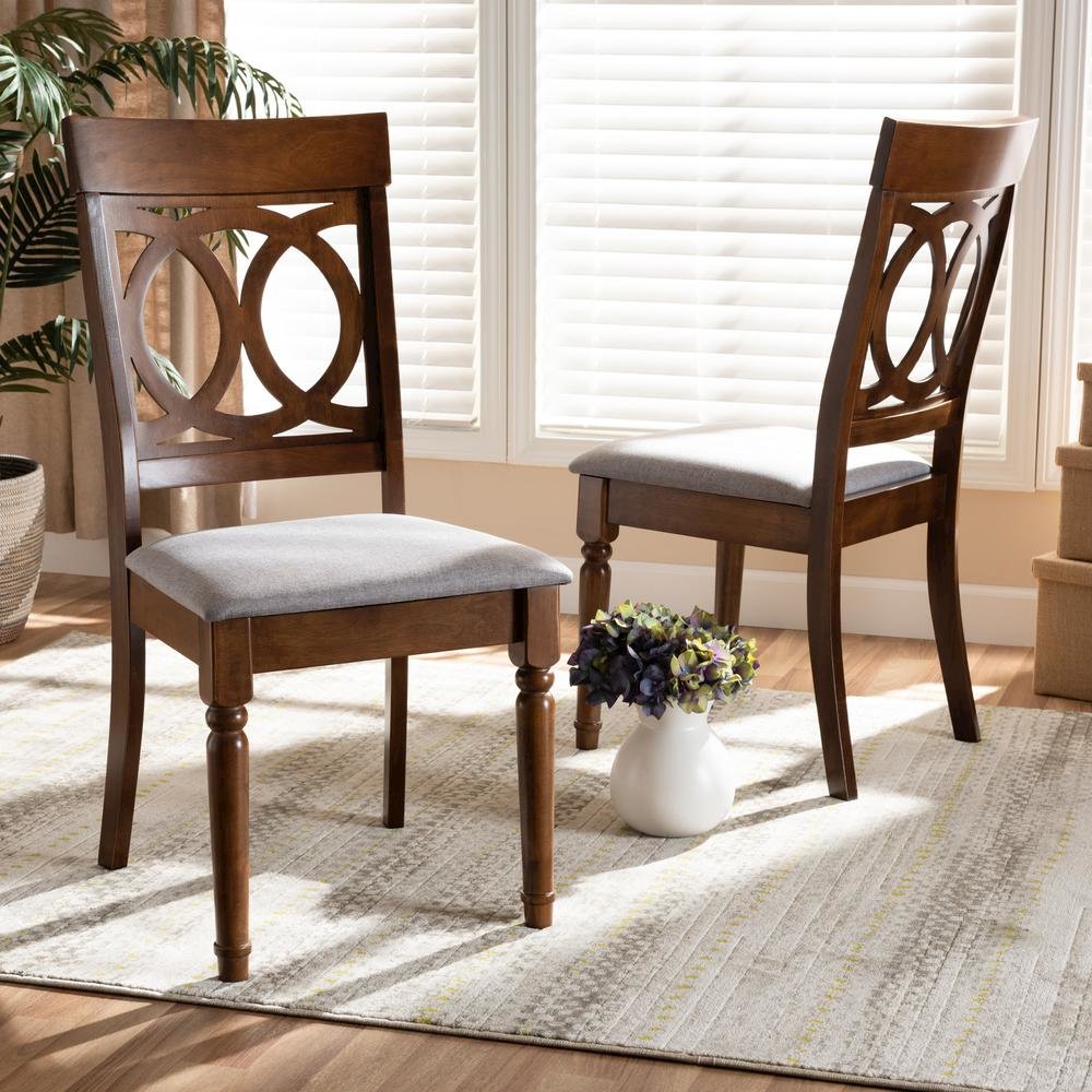 Grey Fabric Upholstered and Walnut Brown Finished Wood 2-Piece Dining Chair Set