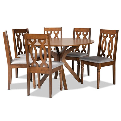 Grey Fabric Upholstered and Walnut Brown Finished Wood 7-Piece Dining Set