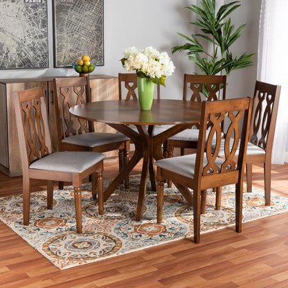 Grey Fabric Upholstered and Walnut Brown Finished Wood 7-Piece Dining Set